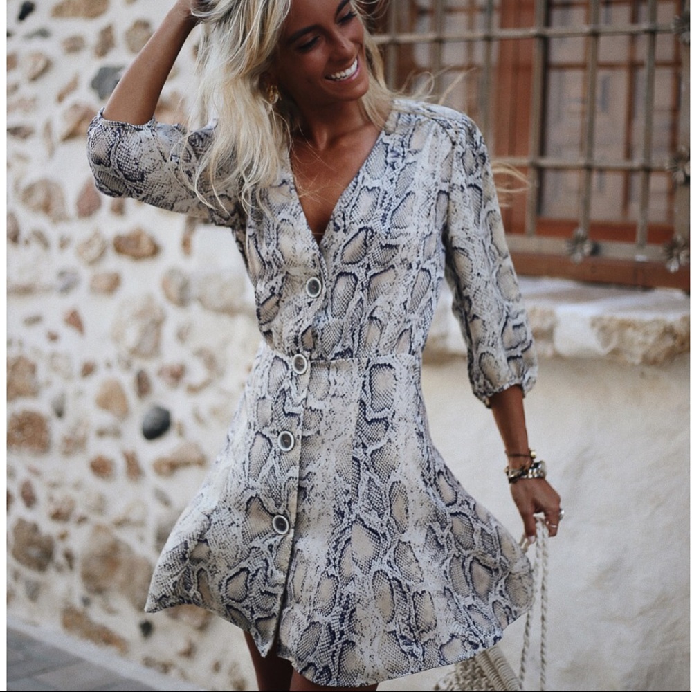 Snakeskin Button Down Mini V Neck Flare Dress - Picture 2 of 8